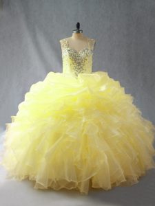 Yellow Straps Neckline Beading and Ruffles Ball Gown Prom Dress Sleeveless Zipper