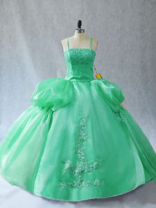 Custom Designed Sleeveless Organza Floor Length Lace Up Sweet 16 Dress in Green with Appliques