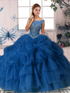 Royal Blue Sleeveless Organza Brush Train Zipper Sweet 16 Quinceanera Dress for Military Ball and Sweet 16 and Quinceanera