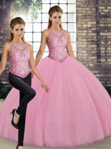 Stunning Scoop Sleeveless Sweet 16 Quinceanera Dress Floor Length Embroidery Pink Tulle