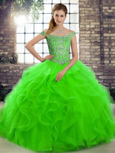 Affordable Off The Shoulder Sleeveless Brush Train Lace Up Ball Gown Prom Dress Green Tulle
