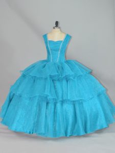 Aqua Blue Organza Lace Up Ball Gown Prom Dress Sleeveless Floor Length Beading and Ruffled Layers