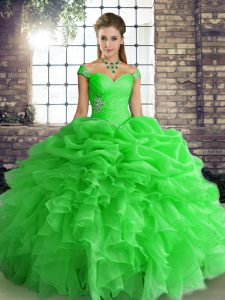Enchanting Sleeveless Floor Length Beading and Ruffles and Pick Ups Lace Up Quinceanera Dress with Green