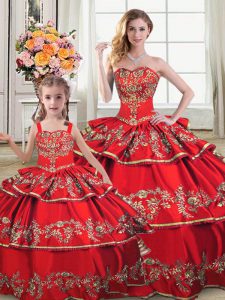 Elegant Floor Length Red Sweet 16 Dresses Satin and Organza Sleeveless Embroidery and Ruffled Layers