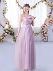 New Style Lace and Belt Dama Dress Lavender Side Zipper Sleeveless Floor Length