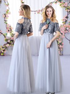 Affordable Floor Length Zipper Quinceanera Court of Honor Dress Grey for Wedding Party with Appliques