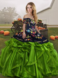 Delicate Off The Shoulder Sleeveless Lace Up Quinceanera Gowns Green Organza