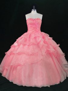 Traditional Sleeveless Organza Floor Length Lace Up Vestidos de Quinceanera in Watermelon Red with Beading and Ruffles