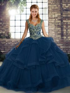 Modern Blue Lace Up Sweet 16 Quinceanera Dress Beading and Ruffles Sleeveless Floor Length