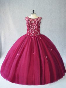 Glittering Burgundy Ball Gowns Beading Sweet 16 Dress Lace Up Tulle Sleeveless Floor Length