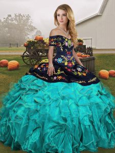 Blue And Black Organza Lace Up Quinceanera Dress Sleeveless Floor Length Embroidery and Ruffles