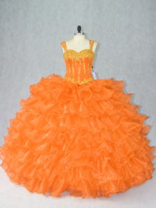 Superior Sleeveless Floor Length Beading and Ruffles Lace Up Quince Ball Gowns with Orange