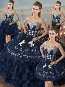 Popular Navy Blue Sweetheart Neckline Embroidery and Ruffles Quinceanera Dress Sleeveless Lace Up