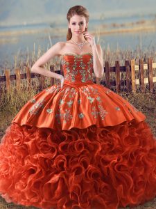 High Quality Orange Red Lace Up Sweetheart Embroidery and Ruffles Quinceanera Gowns Fabric With Rolling Flowers Sleeveless Brush Train
