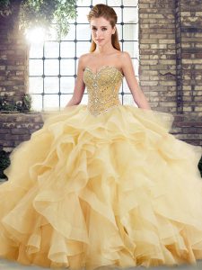Delicate Gold Sleeveless Beading and Ruffles Lace Up Quince Ball Gowns