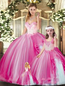 Glittering Fuchsia Ball Gowns Tulle Sweetheart Sleeveless Beading Floor Length Lace Up 15 Quinceanera Dress