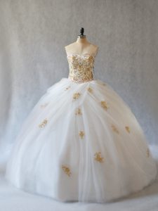 Simple Tulle Sleeveless Quinceanera Dresses Brush Train and Appliques
