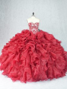 Burgundy Organza Lace Up Quince Ball Gowns Sleeveless Floor Length Beading and Ruffles