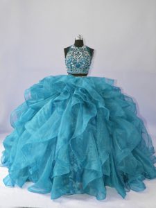 Eye-catching Organza Halter Top Sleeveless Brush Train Backless Beading and Ruffles Sweet 16 Dress in Teal