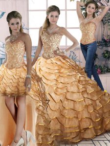 Gold Lace Up 15 Quinceanera Dress Ruffled Layers Sleeveless Brush Train