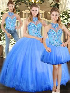 New Style Tulle Halter Top Sleeveless Lace Up Embroidery Quince Ball Gowns in Blue