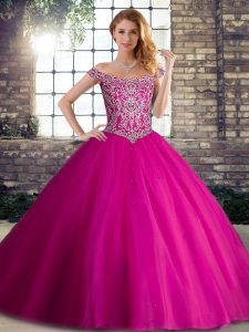 Pretty Fuchsia Ball Gowns Tulle Off The Shoulder Sleeveless Beading Lace Up Sweet 16 Dress Brush Train