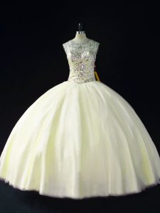 Exceptional Light Yellow Lace Up 15 Quinceanera Dress Beading Sleeveless Floor Length
