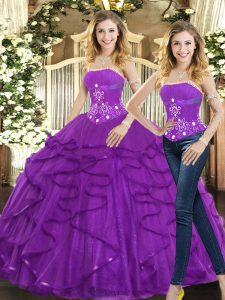 Floor Length Lace Up Ball Gown Prom Dress Purple for Sweet 16 and Quinceanera with Beading and Ruffles