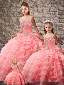 Court Train Ball Gowns Sweet 16 Quinceanera Dress Watermelon Red Straps Organza Sleeveless Lace Up