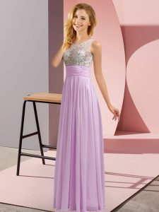 Lavender Empire Chiffon Scoop Sleeveless Beading Floor Length Side Zipper Dama Dress