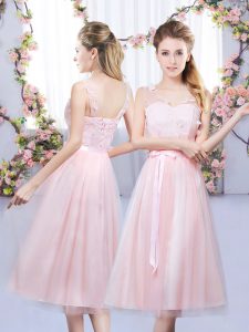 Hot Selling Tea Length Lace Up Quinceanera Court of Honor Dress Baby Pink for Wedding Party with Lace and Belt