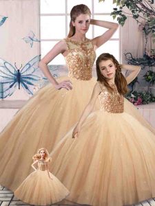 Top Selling Scoop Sleeveless Lace Up Quinceanera Dresses Gold Tulle
