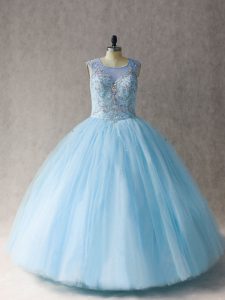 Custom Made Ball Gowns Sweet 16 Dresses Light Blue Scoop Tulle Sleeveless Floor Length Lace Up