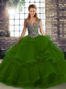 Stunning Straps Sleeveless Lace Up 15 Quinceanera Dress Green Tulle