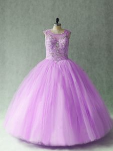 Most Popular Scoop Sleeveless Quinceanera Gown Floor Length Beading Lilac Tulle