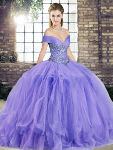 Affordable Lavender Sleeveless Tulle Lace Up Ball Gown Prom Dress for Military Ball and Sweet 16 and Quinceanera