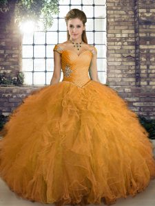 Custom Designed Orange Off The Shoulder Lace Up Beading and Ruffles Quinceanera Gown Sleeveless