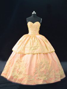 Peach Satin Lace Up Halter Top Sleeveless Floor Length 15th Birthday Dress Appliques