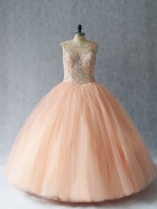 Wonderful Peach Sleeveless Tulle Lace Up Quince Ball Gowns for Sweet 16 and Quinceanera