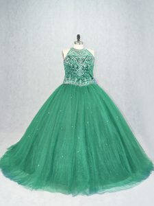 Lace Up Ball Gown Prom Dress Green for Sweet 16 and Quinceanera with Beading Brush Train