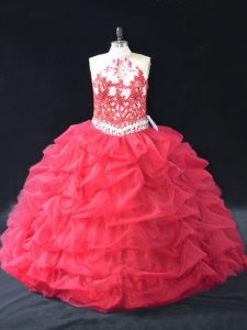 Elegant Sleeveless Organza Floor Length Backless 15th Birthday Dress in Red with Beading and Lace