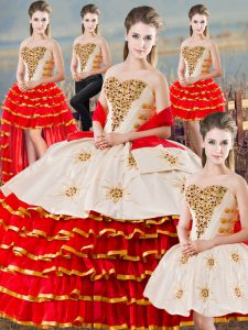 Custom Fit White And Red Lace Up Sweet 16 Quinceanera Dress Beading and Ruffled Layers Sleeveless Floor Length