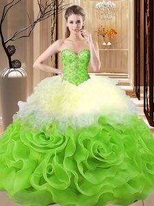 Multi-color Fabric With Rolling Flowers Lace Up 15 Quinceanera Dress Sleeveless Floor Length Beading and Ruffles
