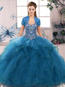 Artistic Blue Quince Ball Gowns Military Ball and Sweet 16 and Quinceanera with Beading and Ruffles Off The Shoulder Sleeveless Lace Up