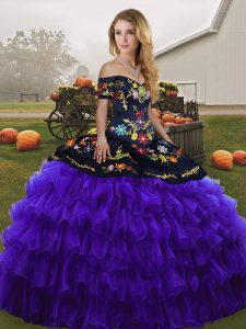 Floor Length Lace Up Quinceanera Dresses Black And Purple for Military Ball and Sweet 16 and Quinceanera with Embroidery and Ruffled Layers