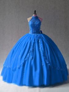 Royal Blue Halter Top Side Zipper Beading and Appliques 15 Quinceanera Dress Sleeveless