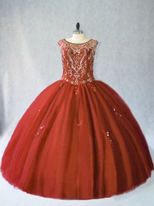 Rust Red Scoop Neckline Beading 15 Quinceanera Dress Sleeveless Lace Up