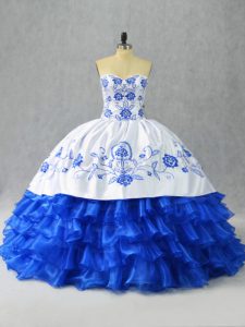 Blue And White Ball Gowns Satin and Organza Sweetheart Sleeveless Embroidery and Ruffled Layers Floor Length Lace Up Quinceanera Dresses