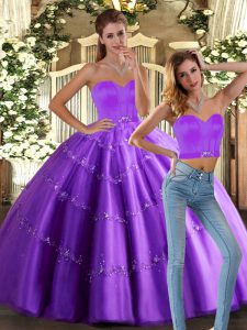 Floor Length Lace Up Vestidos de Quinceanera Eggplant Purple for Sweet 16 and Quinceanera with Beading