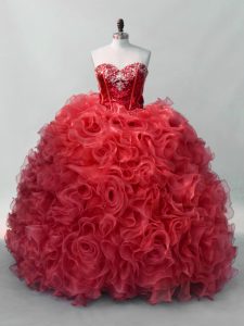 Red Organza Lace Up Quinceanera Dresses Sleeveless Floor Length Sequins
